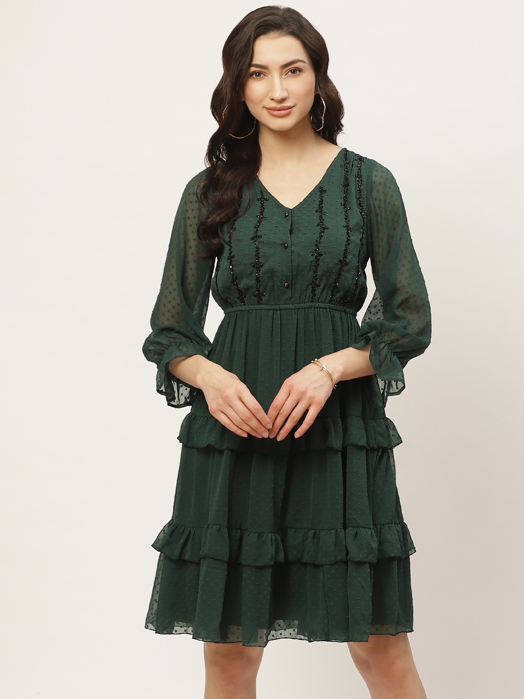 

Antheaa Women Green Self Design Tiered A-Line Dress