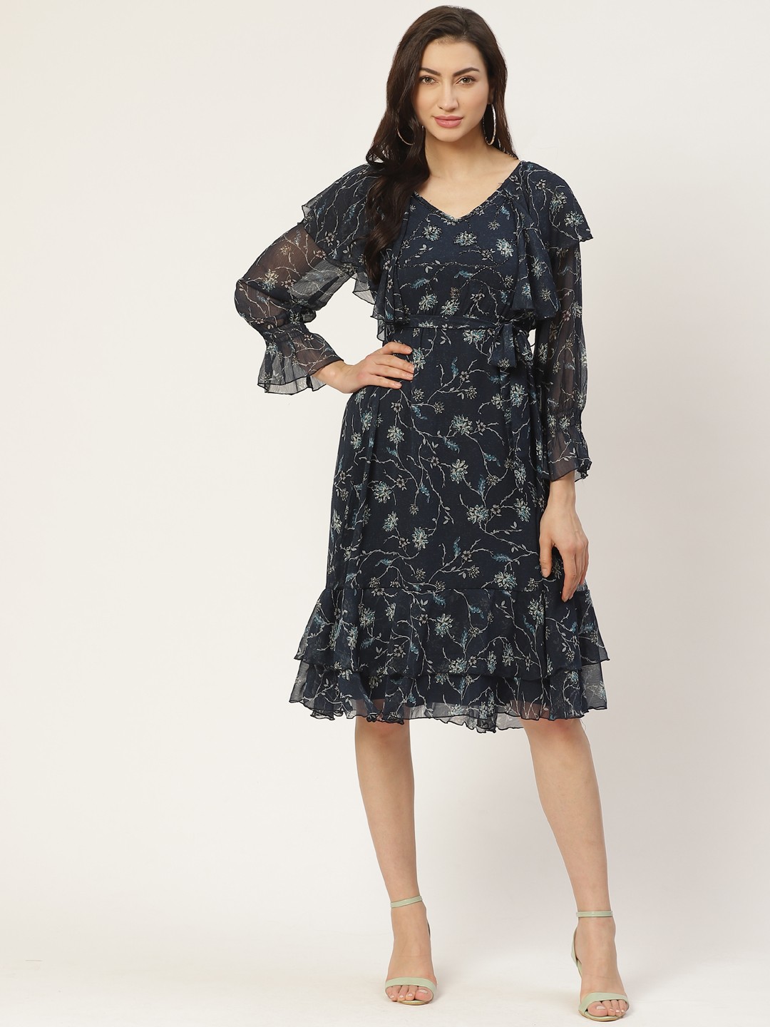 

Antheaa Women Navy Blue Floral Printed Empire Dress With Belt