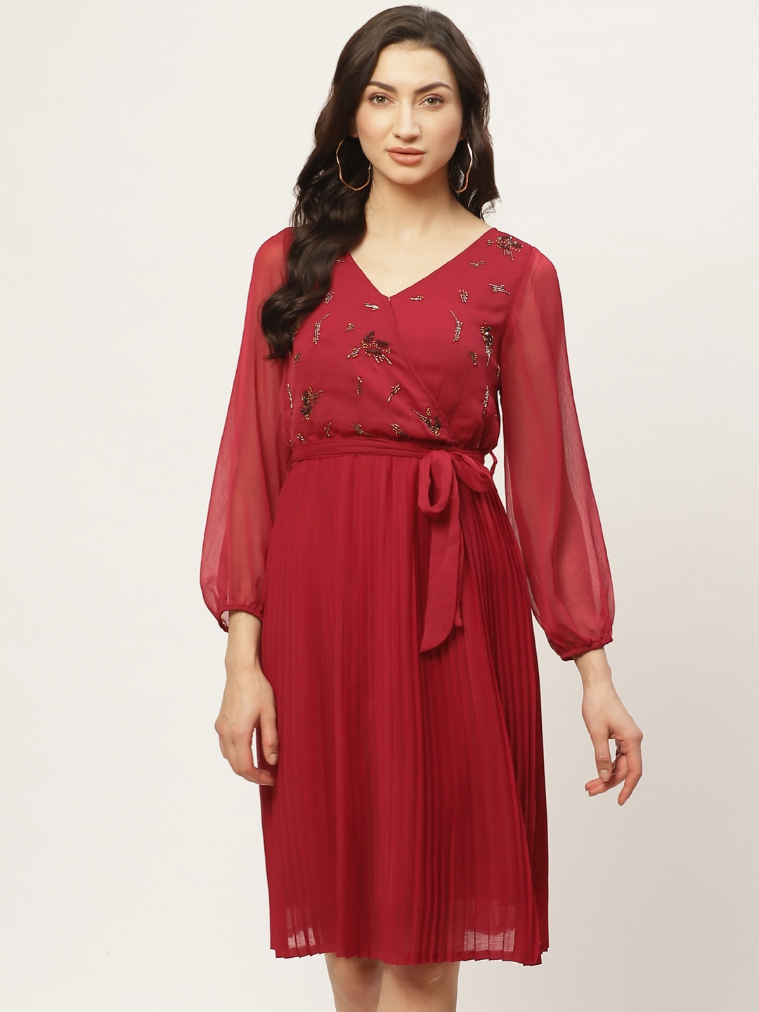 

Antheaa Women Magenta Embellished Accordion Pleat A-Line Dress