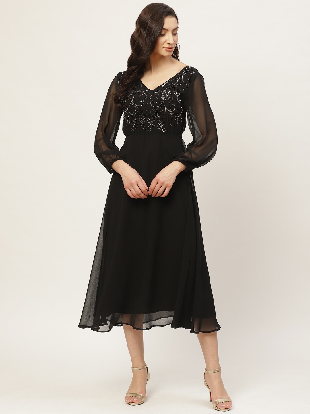 

Antheaa Women Black Embellished Midi Fit and Flare Dress