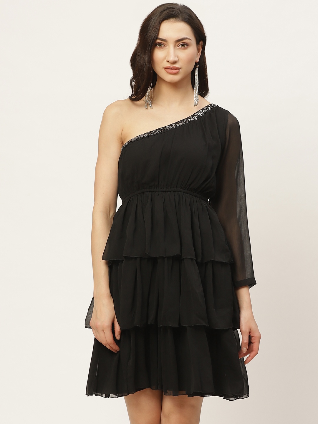 

Antheaa Women Black Embellished Layered One-Shoulder Fit and Flare Dress