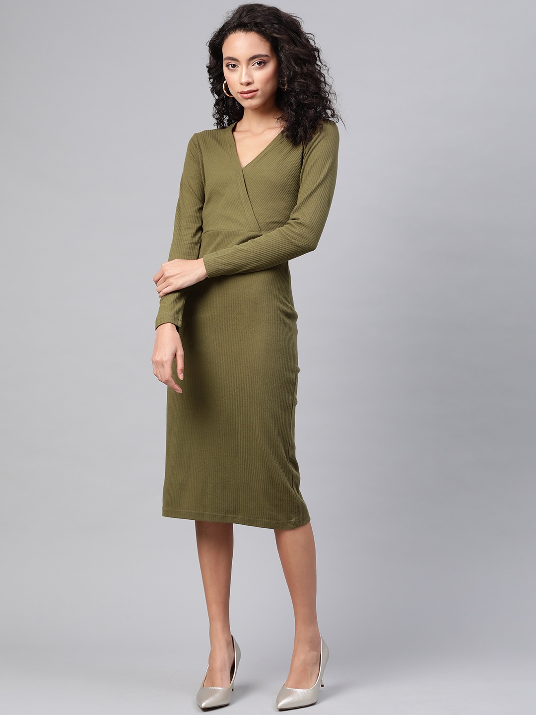 

plusS Women Olive Green Ribbed Wrap Dress