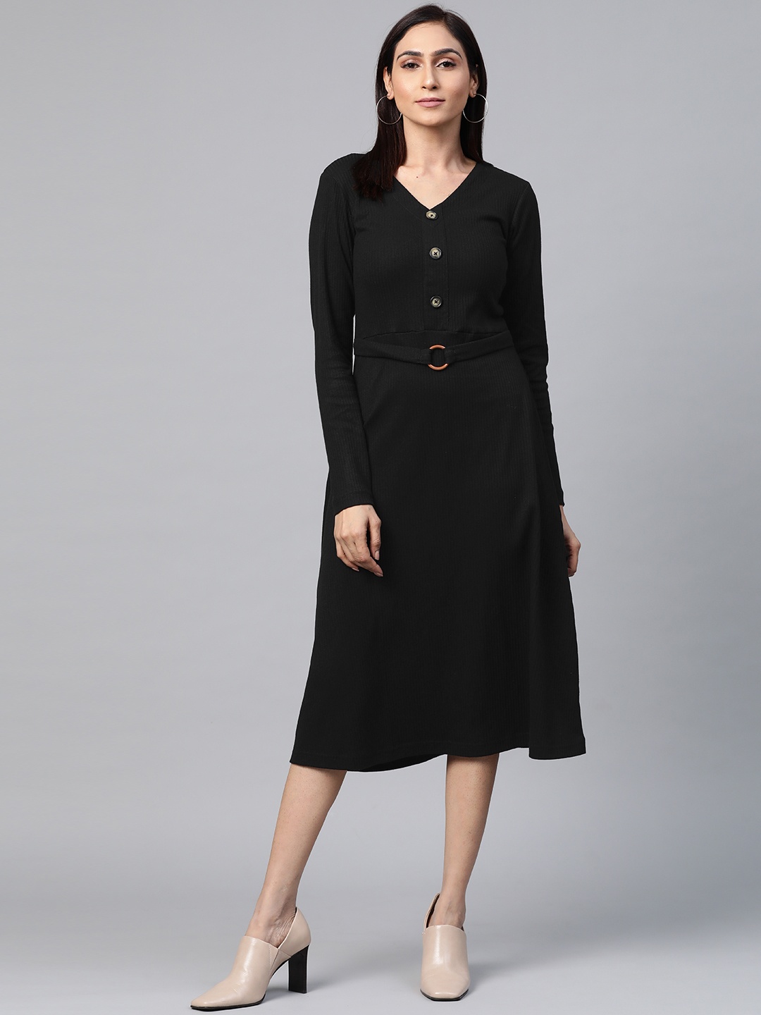 

plusS Women Black Ribbed A-Line Dress