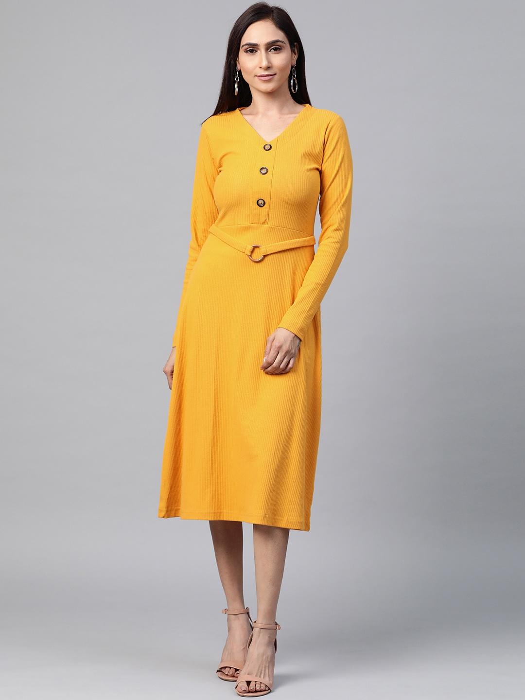 

plusS Women Mustard Yellow Ribbed Belted A-Line Dress