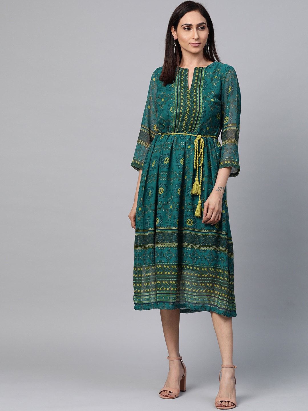 

plusS Women Teal Green & yellow Printed A-Line Dress
