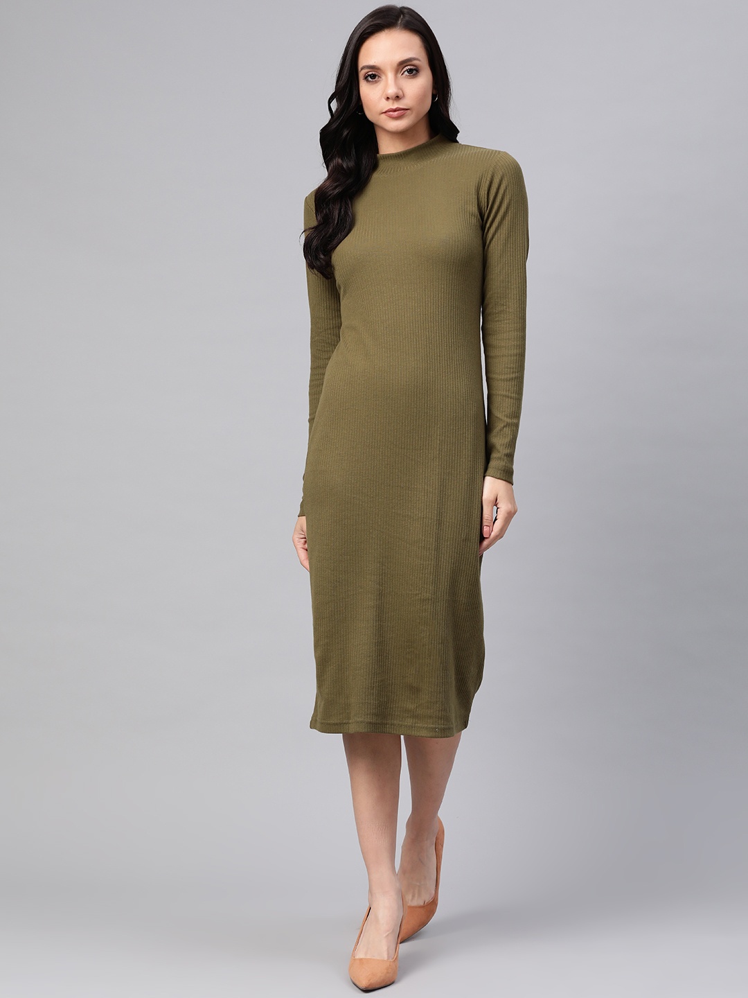 

plusS Women Olive Green Ribbed Sheath Dress