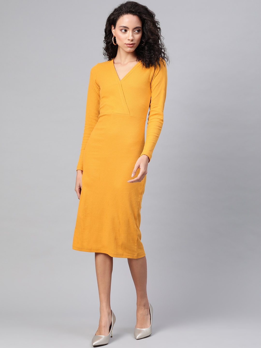 

plusS Women Mustard Yellow Ribbed Wrap Dress