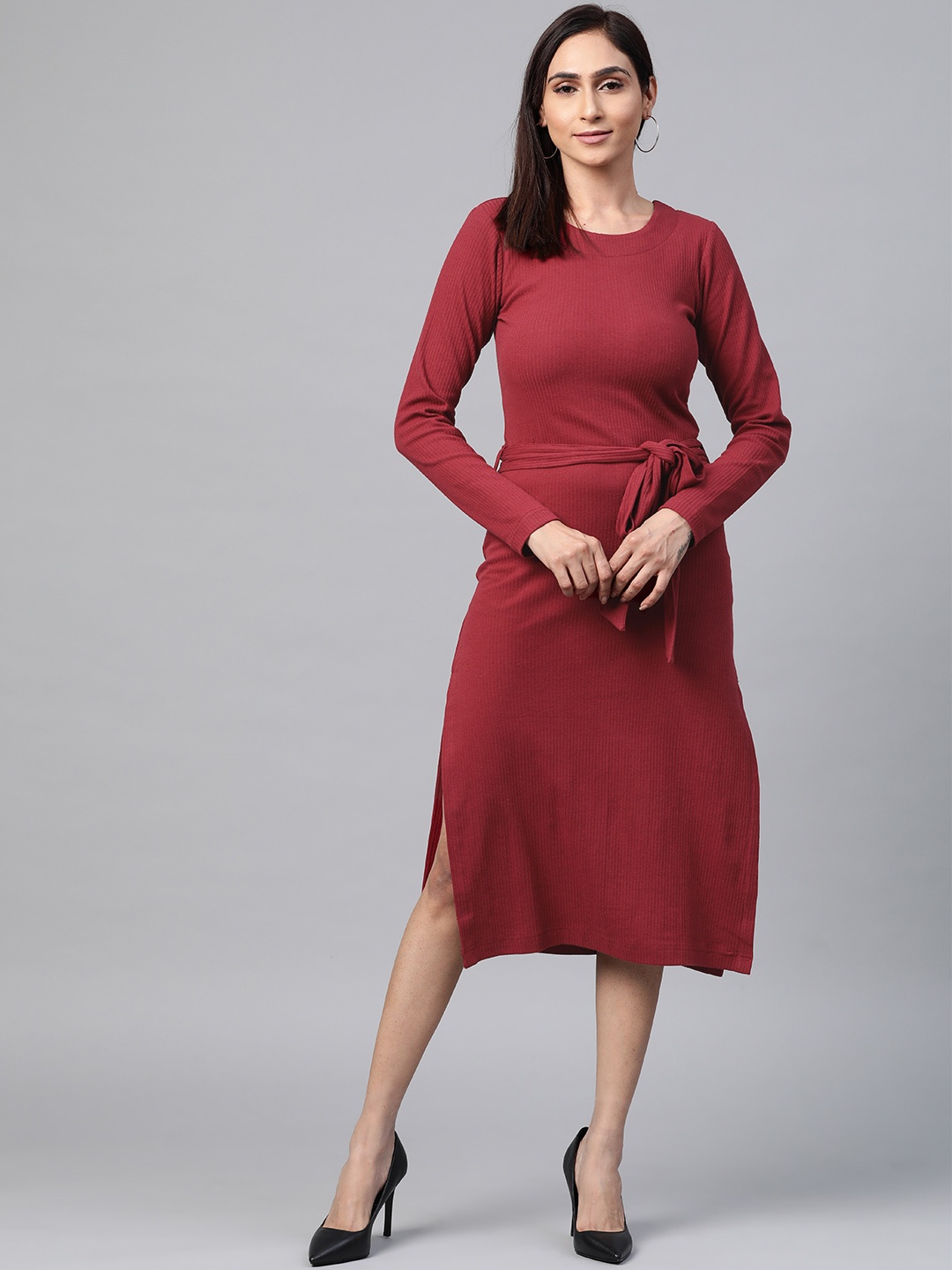 

plusS Women Maroon Ribbed A-Line Dress