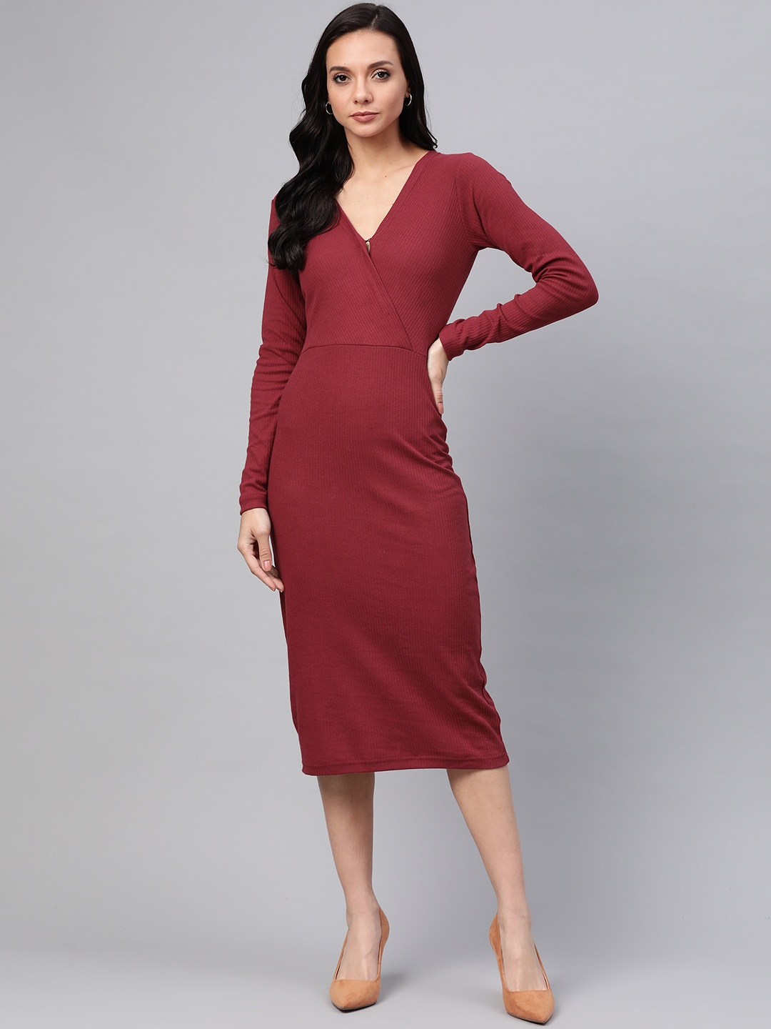 

plusS Women Maroon Ribbed Wrap Dress