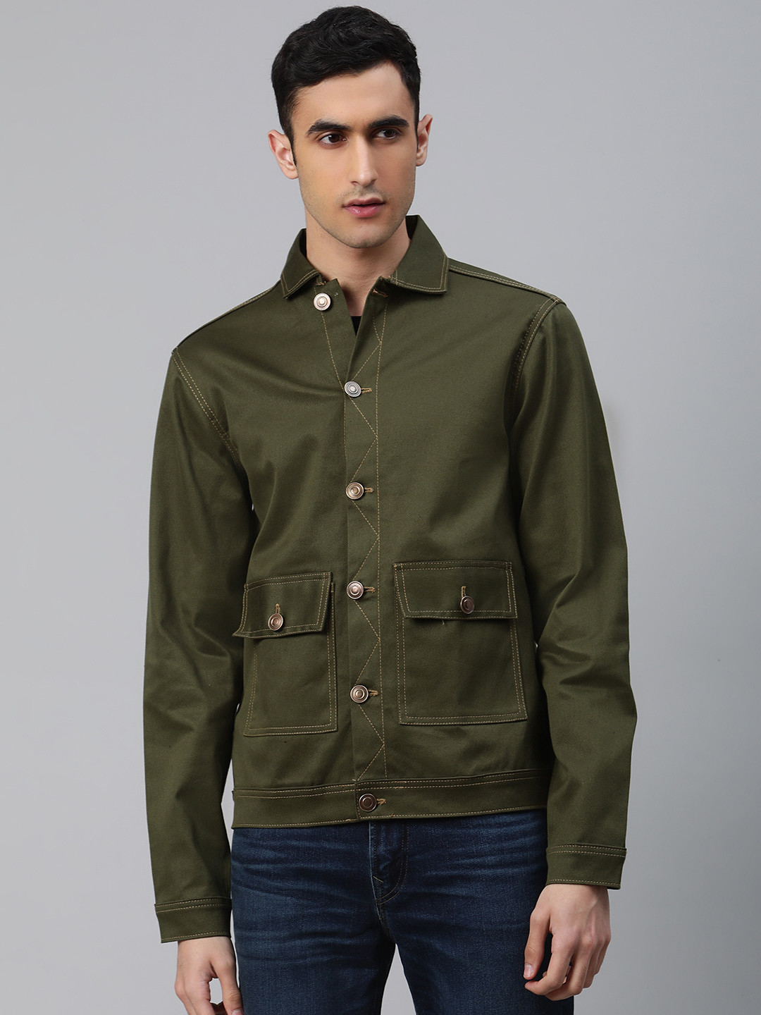 

Hubberholme Men Olive Green Solid Denim Jacket