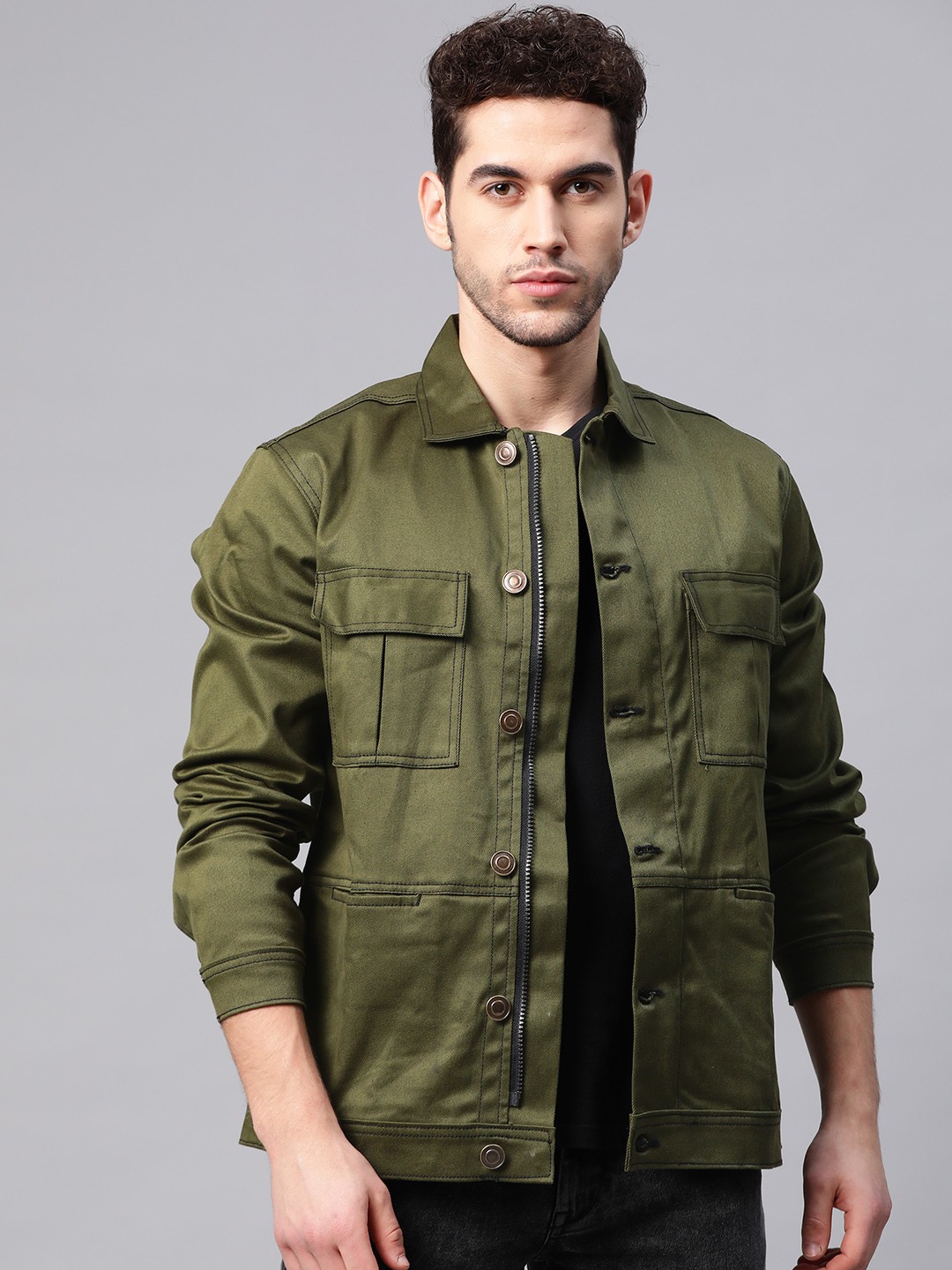 

Hubberholme Men Olive Green Solid Denim Jacket