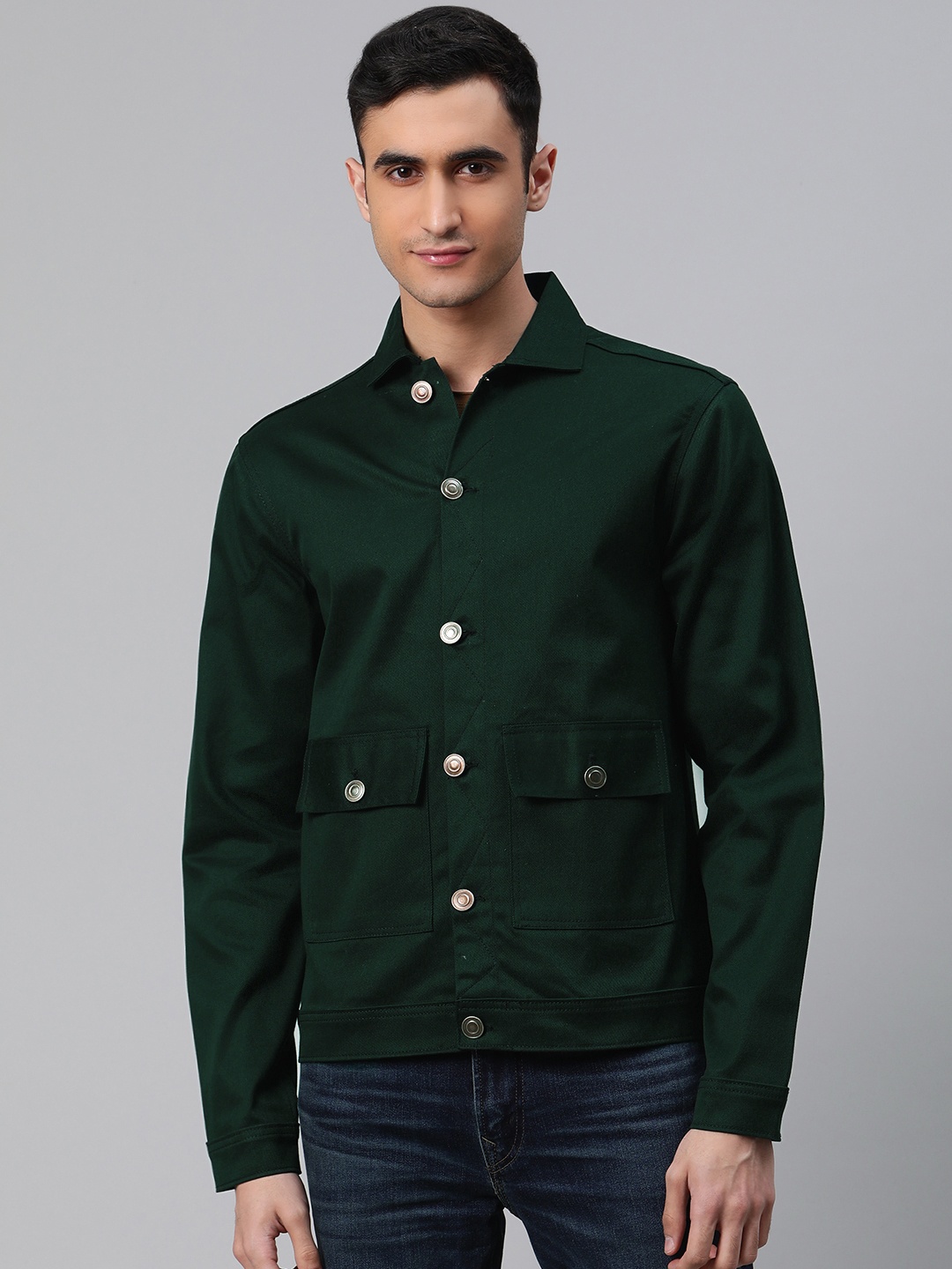

Hubberholme Men Green Solid Denim Jacket