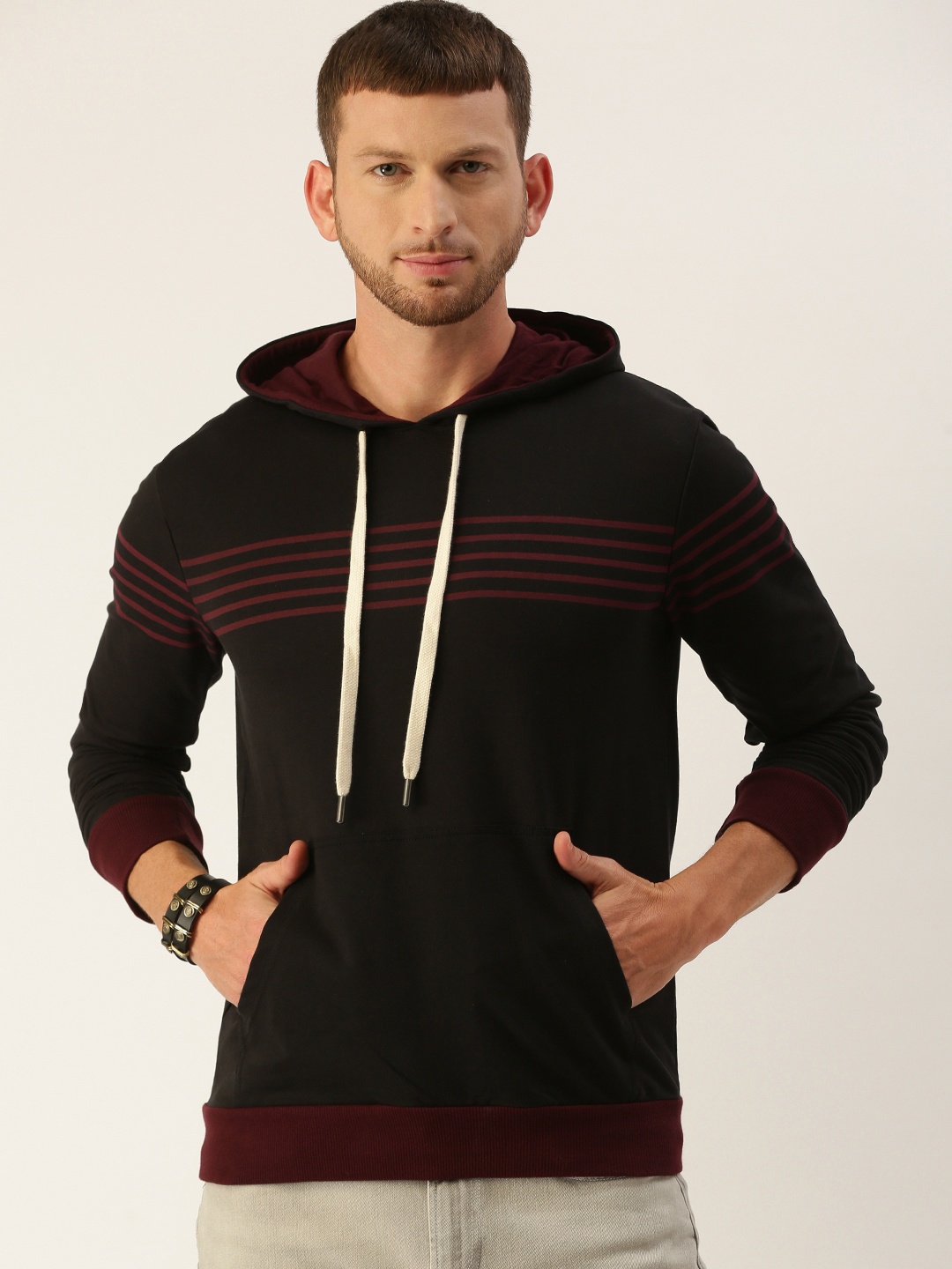 

DILLINGER Men Black & Burgundy Striped Hooded Sweatshirt