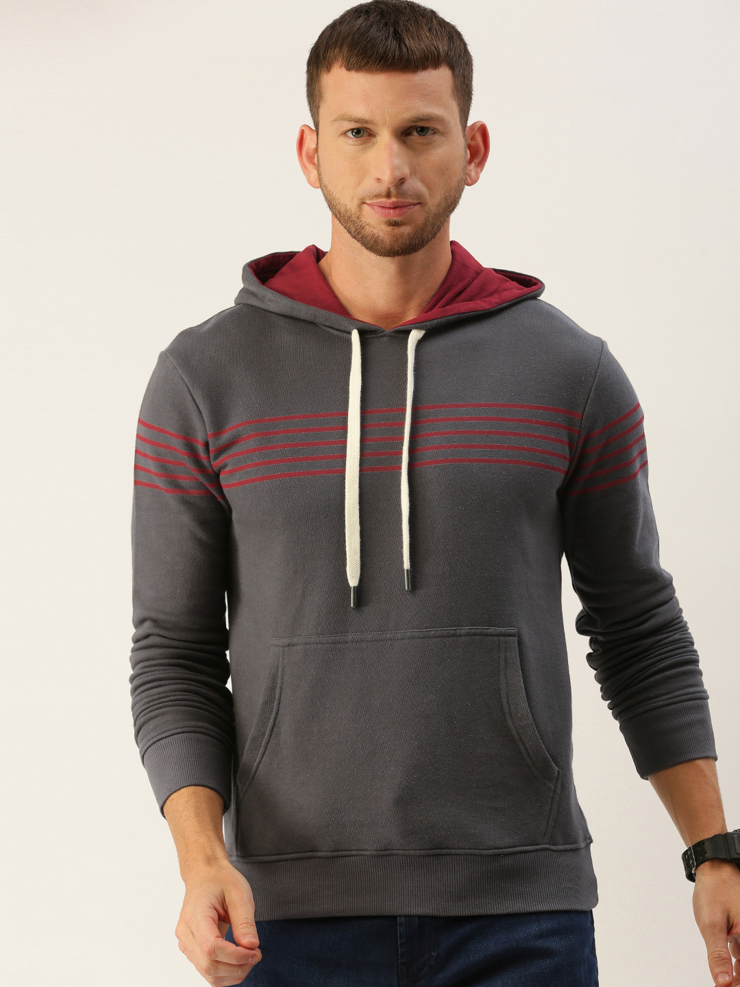 

DILLINGER Men Charcoal Grey & Red Striped Hooded Sweatshirt