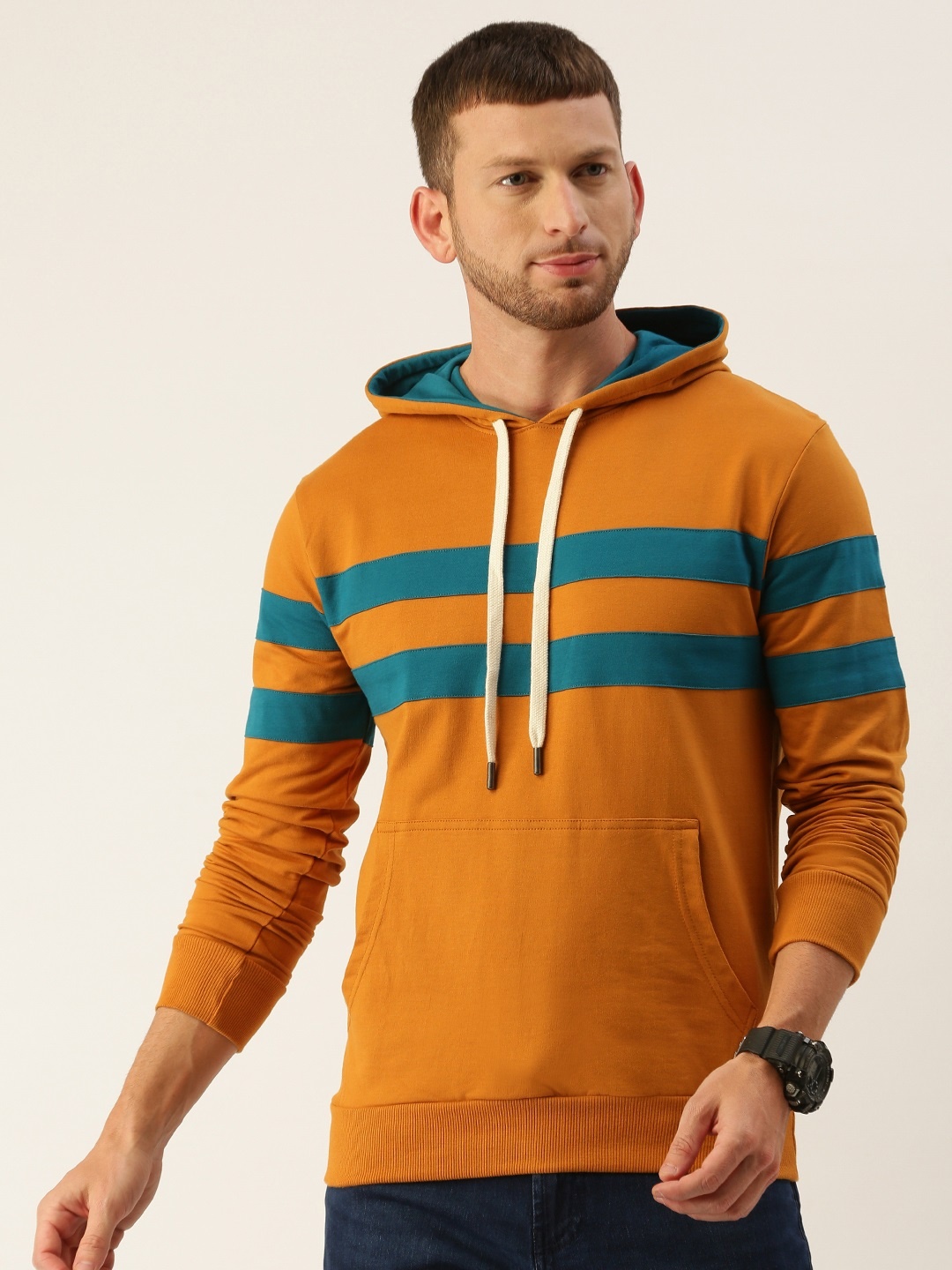 

DILLINGER Men Rust Orange & Blue Striped Hooded Sweatshirt