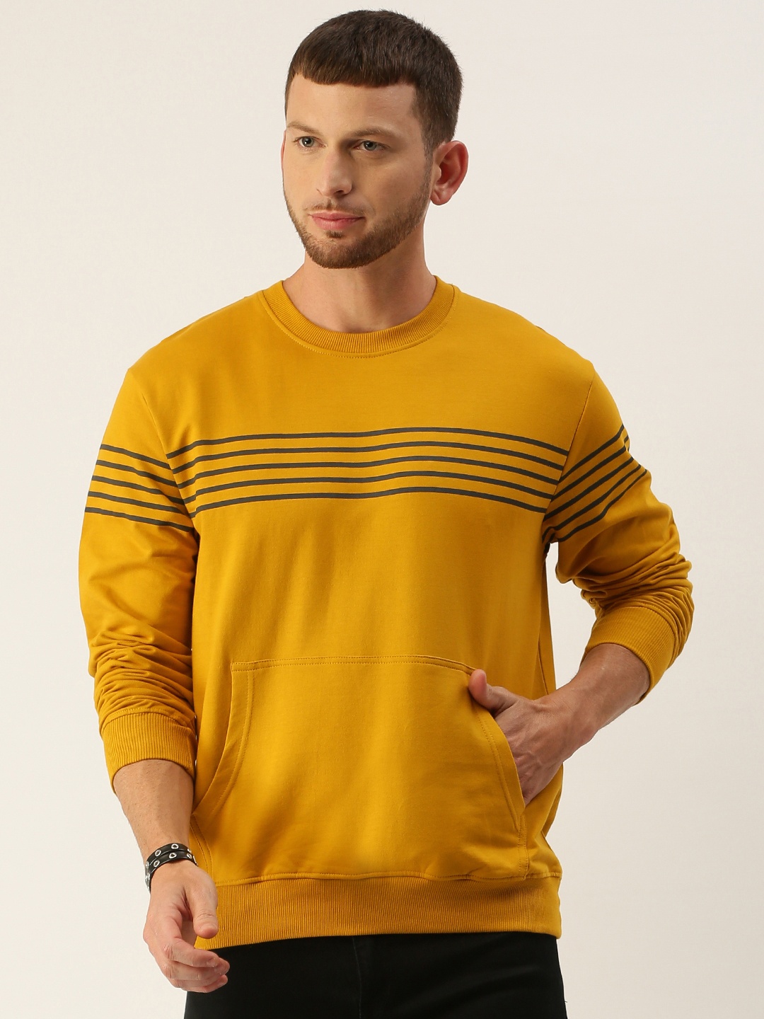 

DILLINGER Men Mustard Yellow & Navy Blue Striped Sweatshirt