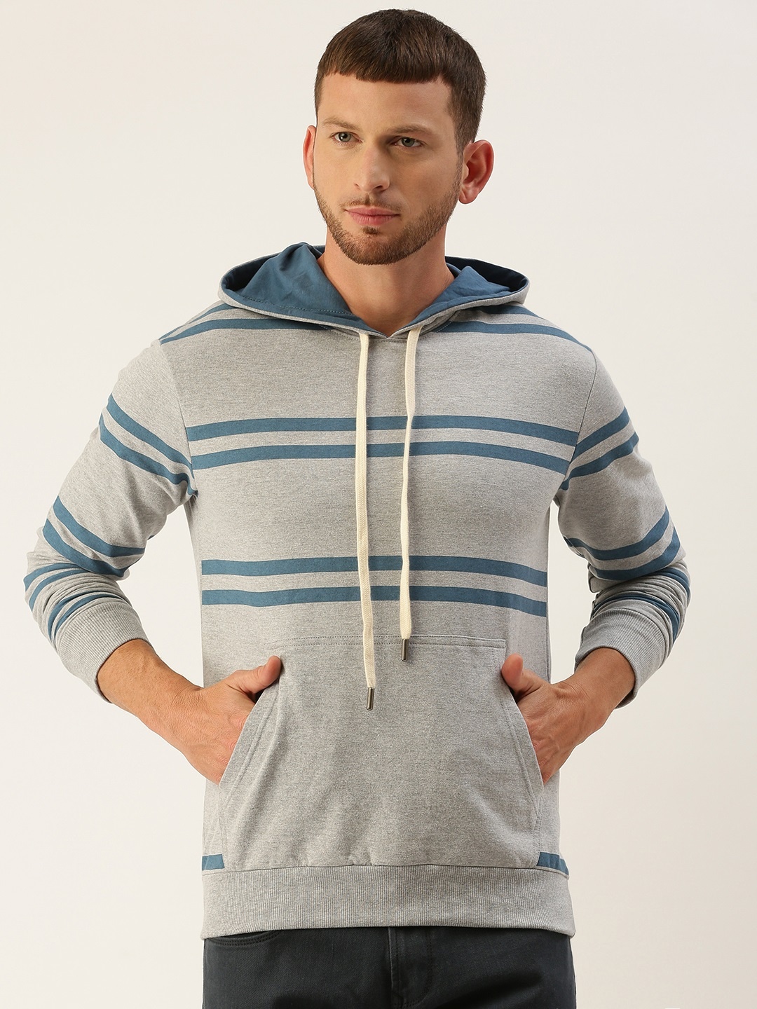 

DILLINGER Men Grey Melange & Blue Striped Hooded Sweatshirt