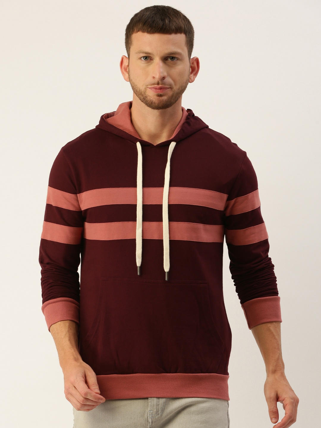 

DILLINGER Men Maroon & Pink Striped Hooded Sweatshirt