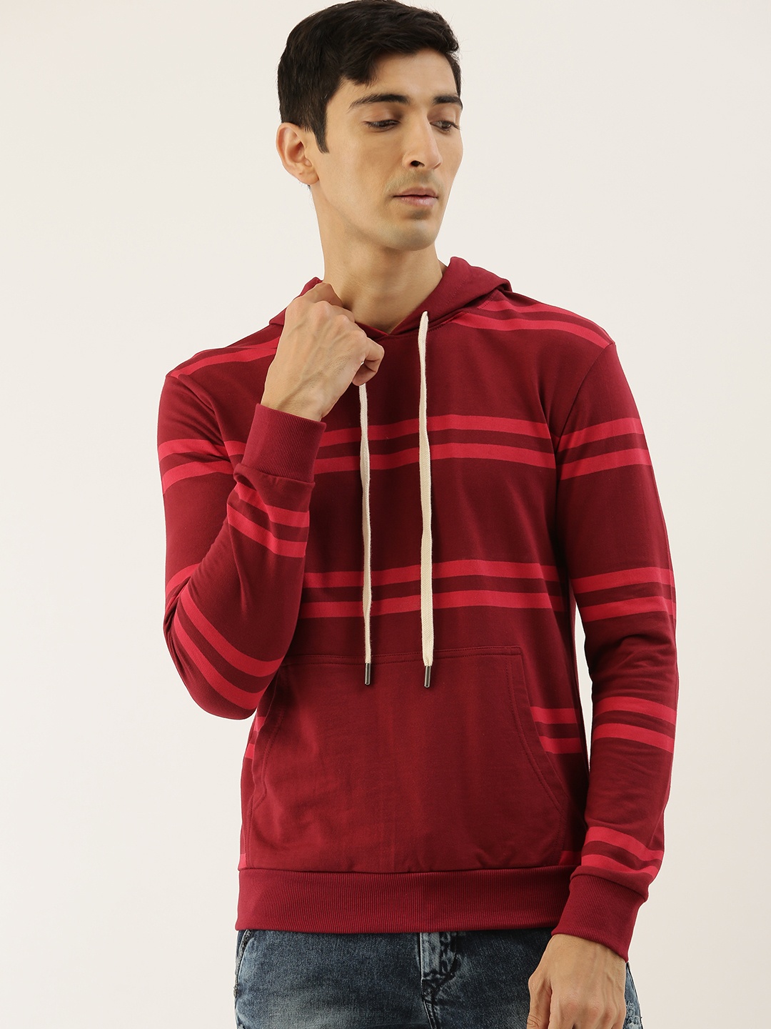

DILLINGER Men Maroon Striped Hooded Sweatshirt