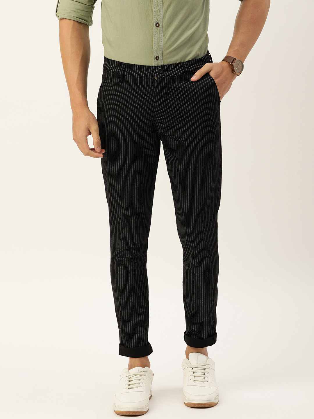 

The Indian Garage Co Men Black & White Slim Fit Striped Chinos