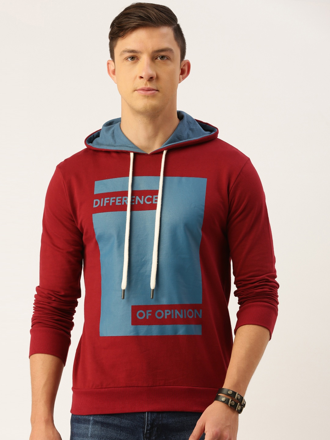 

Difference of Opinion Men Maroon & Blue Printed Hooded Sweatshirt