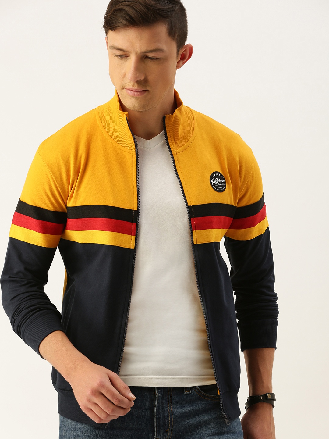 

Difference of Opinion Men Mustard Yellow & Navy Blue Colourblocked Front-Open Sweatshirt