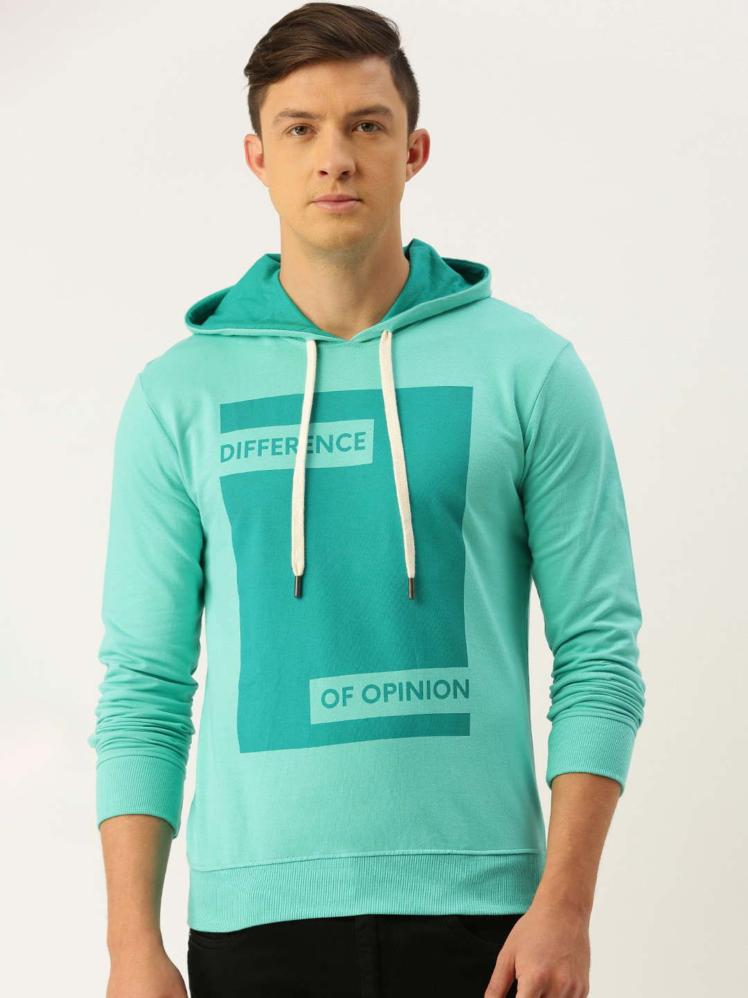 

Difference of Opinion Men Turquoise Blue Printed Hooded Sweatshirt