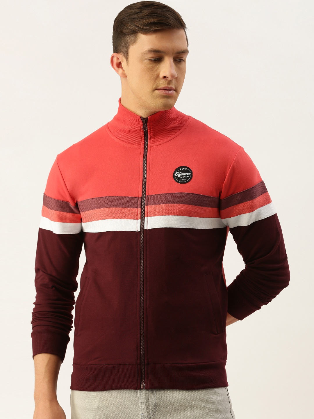 

Difference of Opinion Men Pink & Burgundy Colourblocked Front-Open Sweatshirt