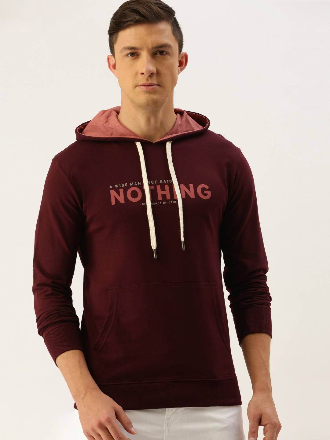 

Difference of Opinion Men Burgundy Printed Hooded Sweatshirt