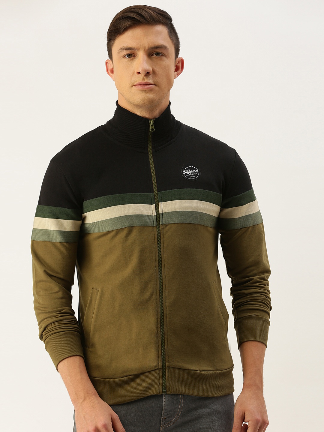 

Difference of Opinion Men Olive Green & Black Colourblocked Sweatshirt