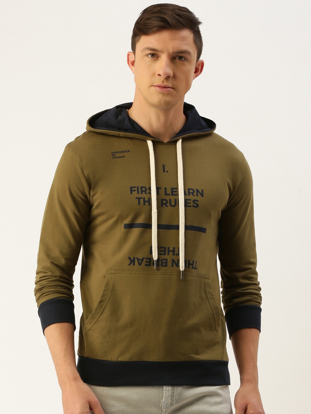 

Difference of Opinion Men Olive Green Printed Hooded Sweatshirt