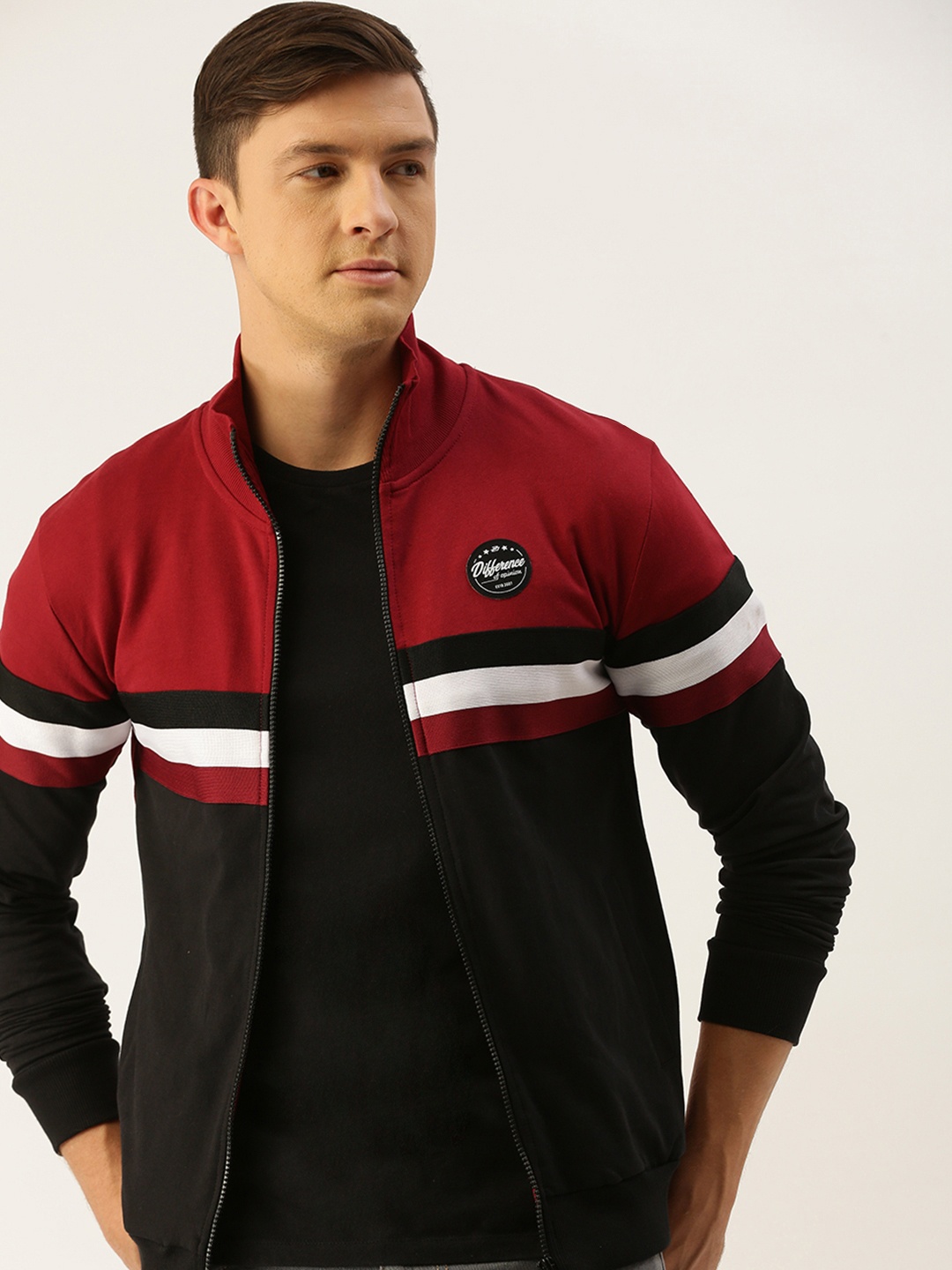 

Difference of Opinion Men Black & Maroon Colourblocked Sweatshirt