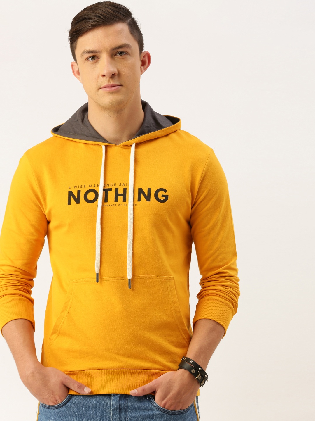 

Difference of Opinion Men Mustard Yellow Printed Hooded Sweatshirt