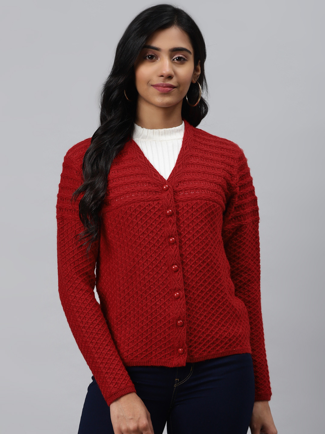 

Cayman Women Red Self Design Woollen Cardigan