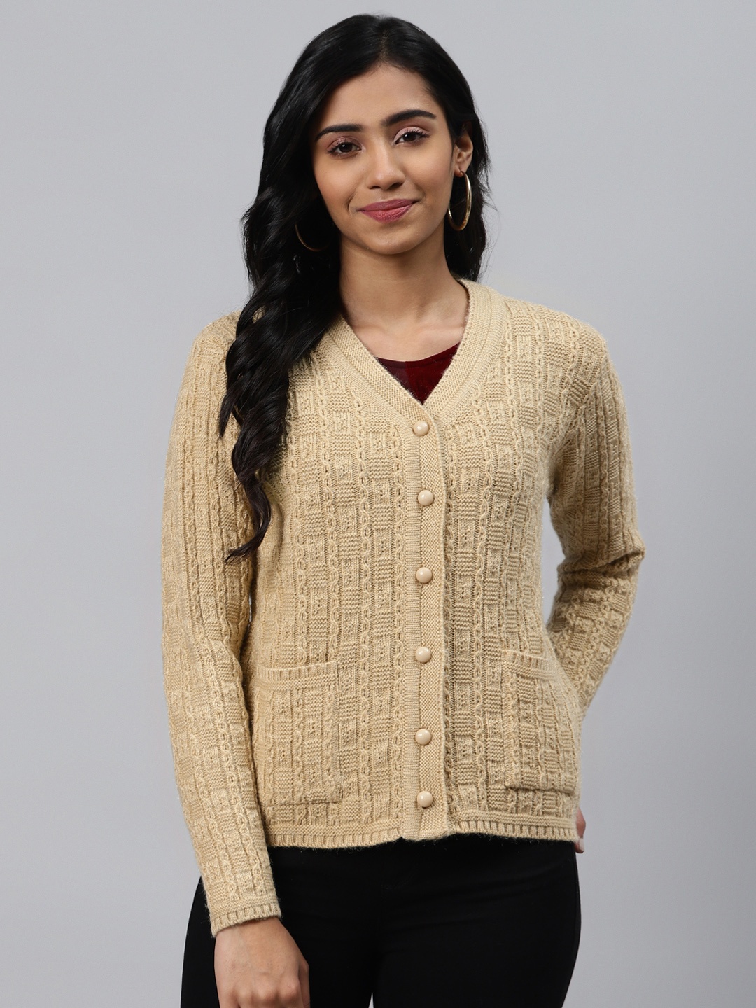 

Cayman Women Beige Self Design Woollen Cardigan