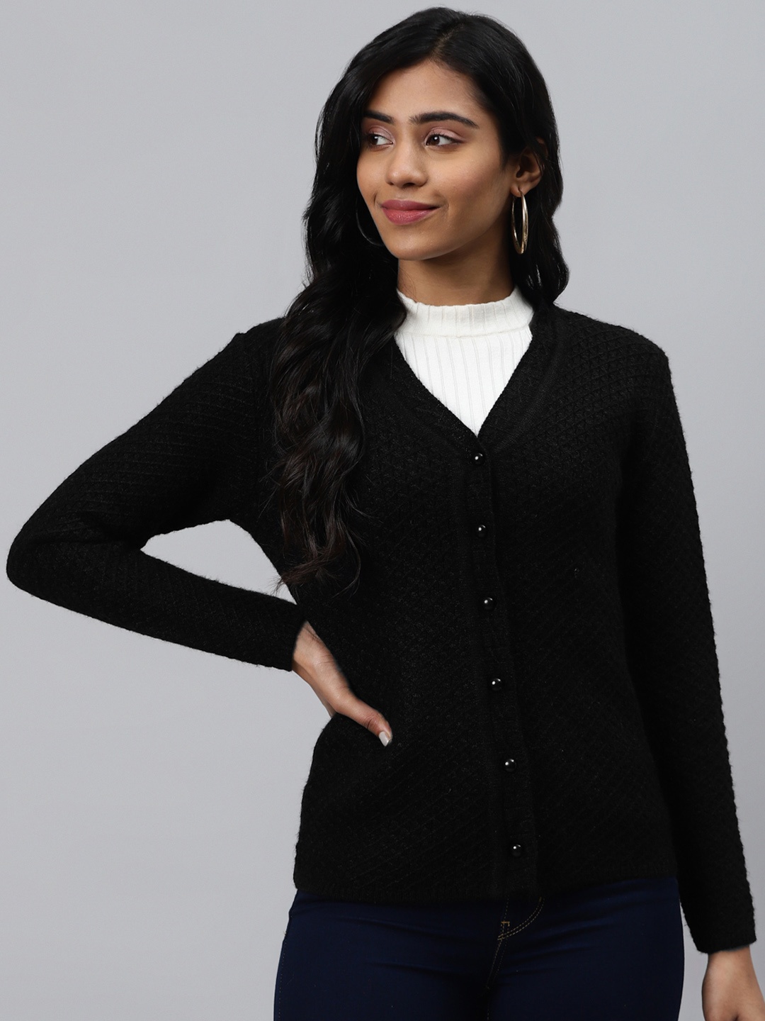 

Cayman Women Black Self Design Cardigan