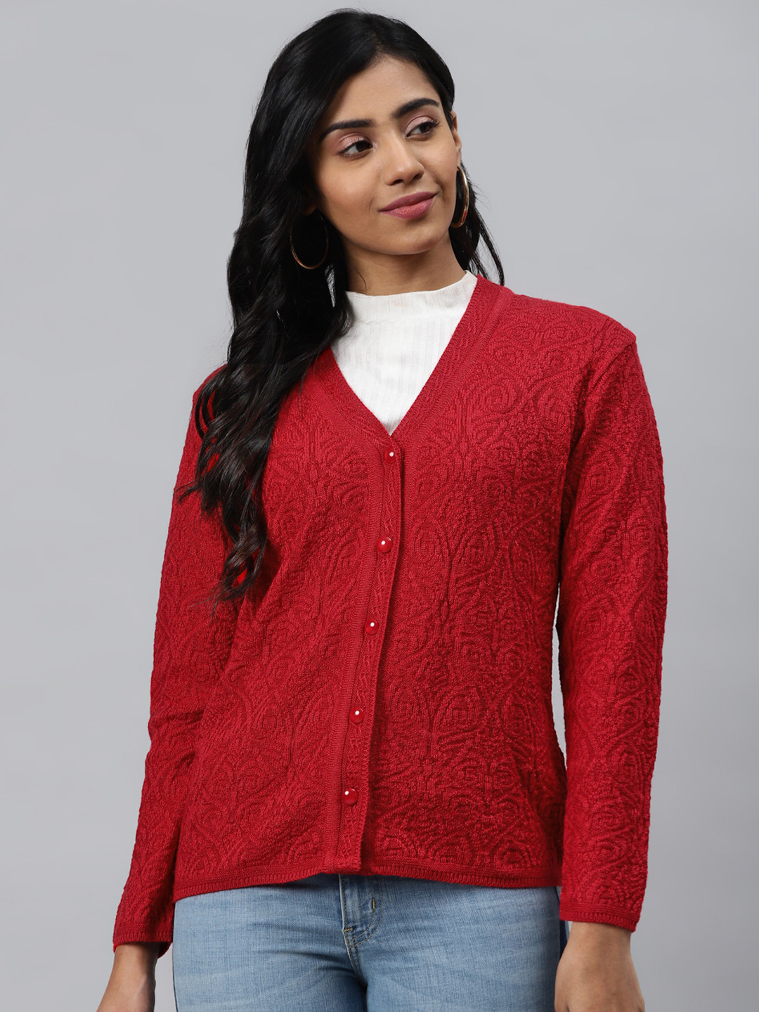 

Cayman Women Red Self Design Woollen Cardigan