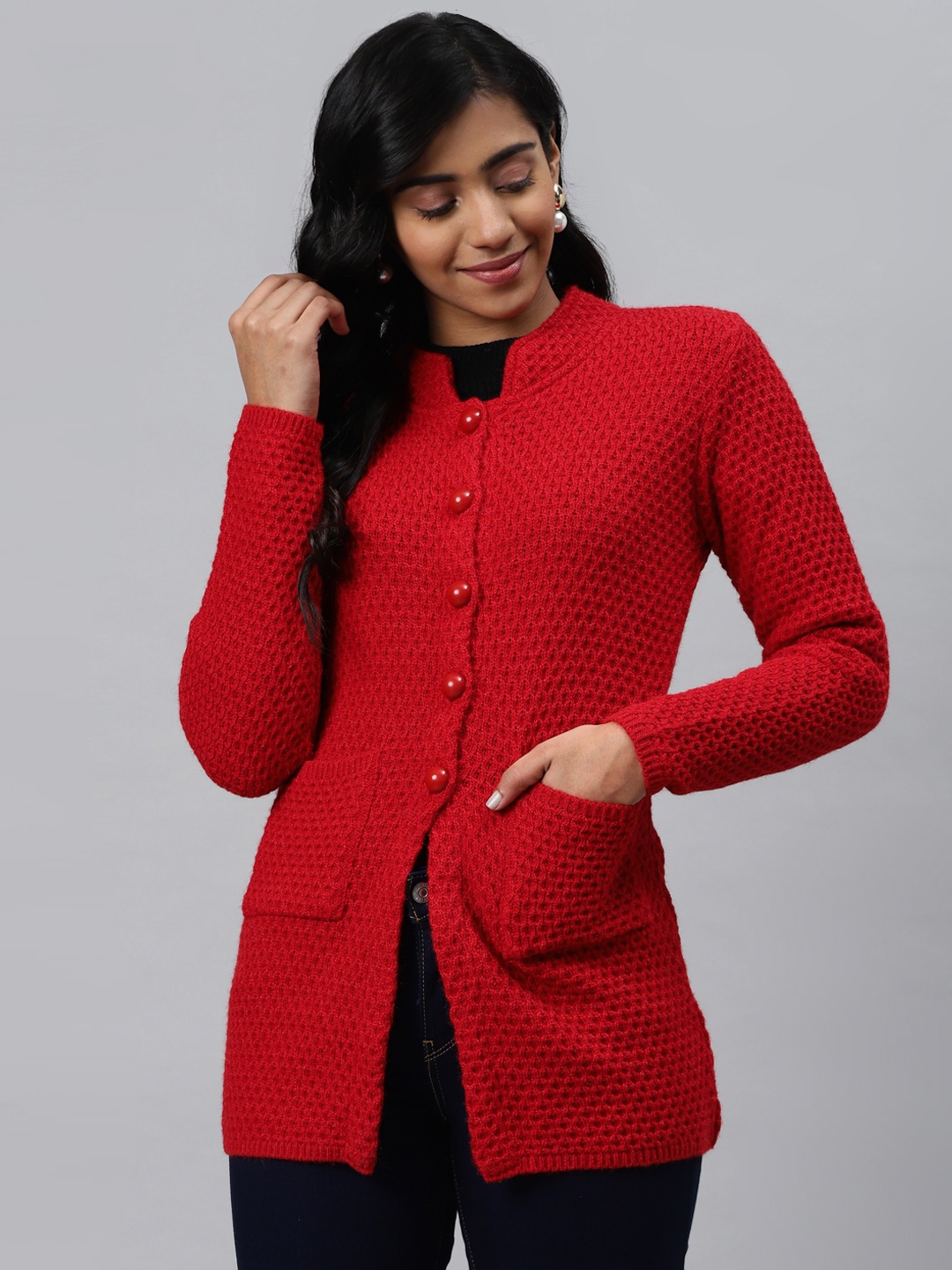 

Cayman Women Red Self Design Longline Cardigan