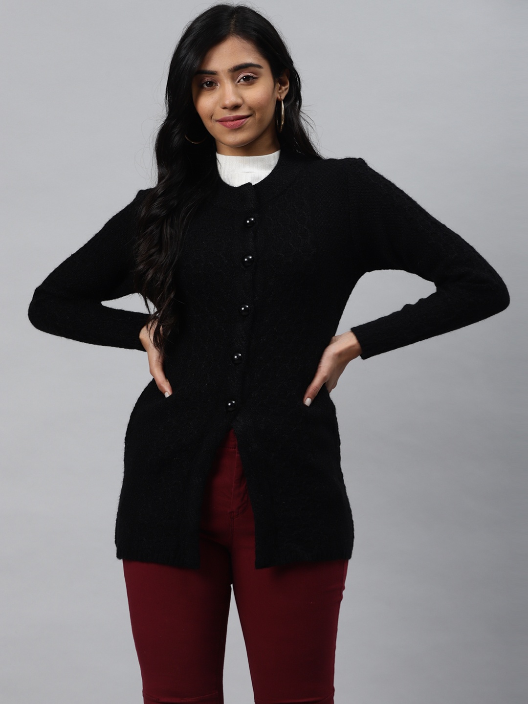 

Cayman Women Black Self Design Longline Cardigan Sweater