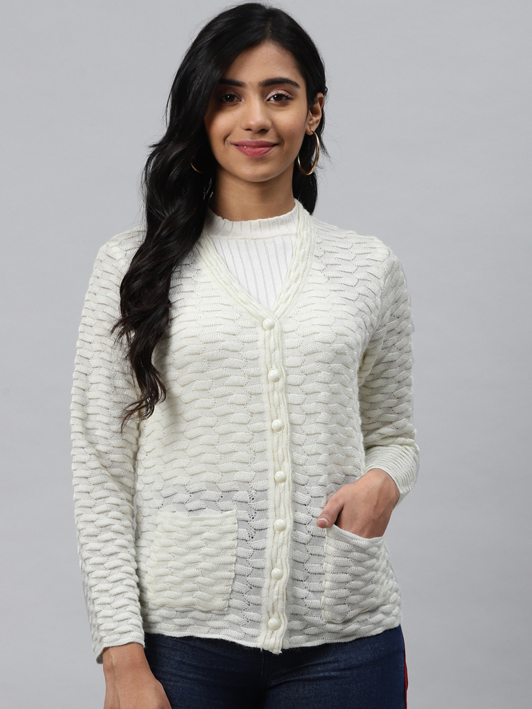 

Cayman Women White Woollen Self Design Cardigan