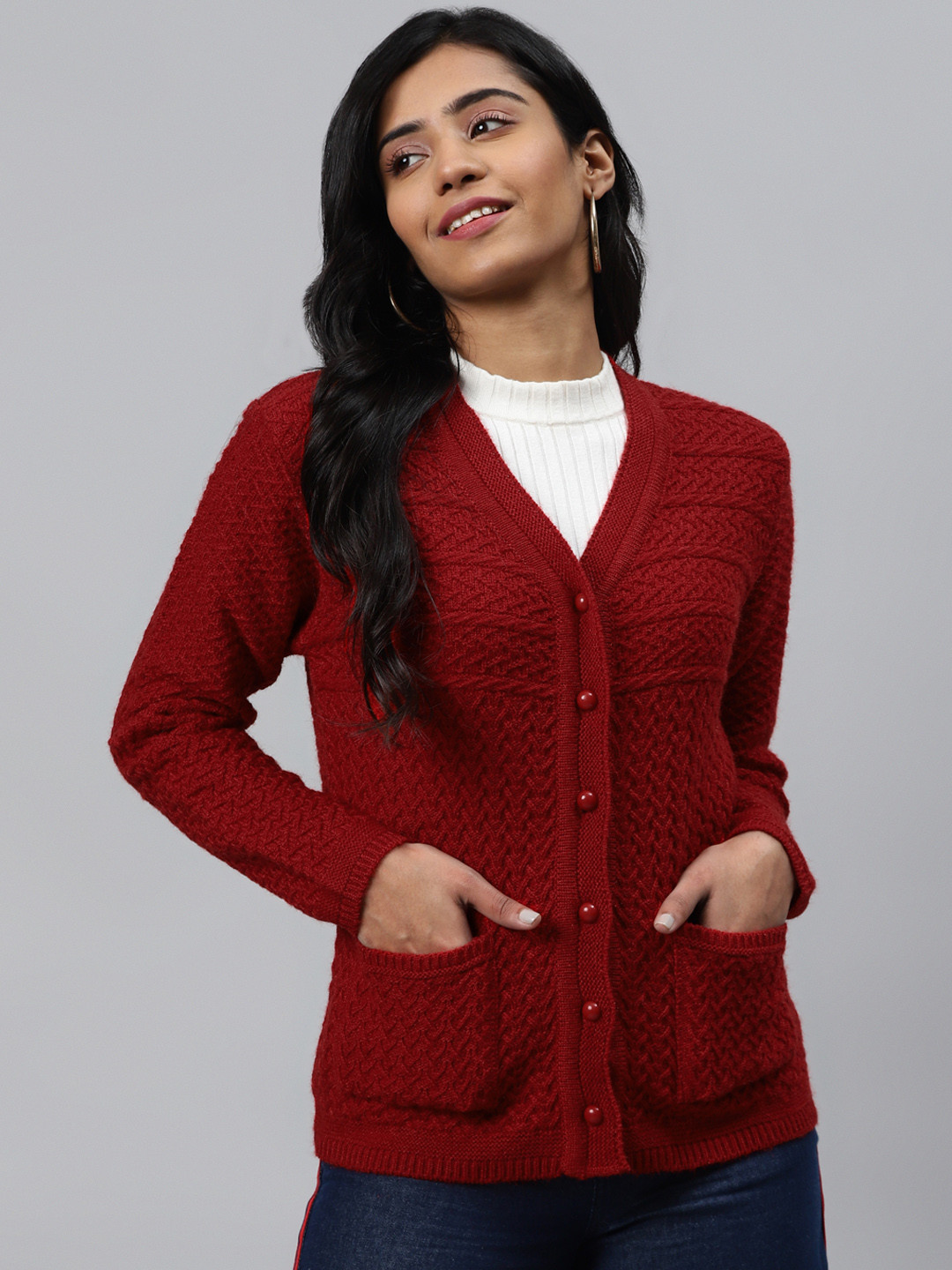 

Cayman Women Red Woollen Self Design Cardigan