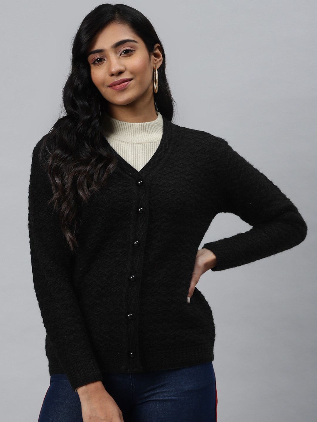 

Cayman Women Black Self Design Cardigan