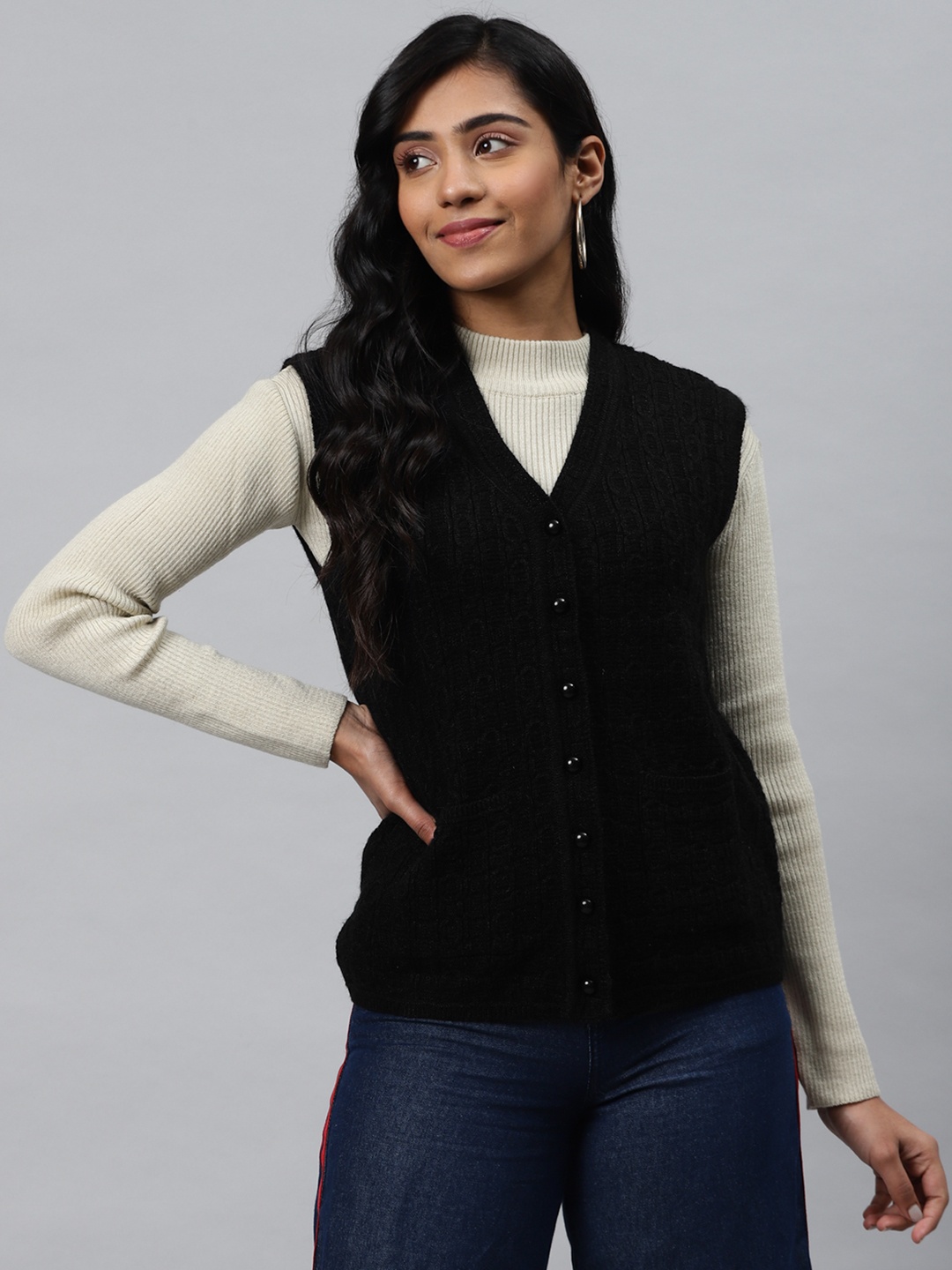 

Cayman Women Black Woollen Self Design Cardigan