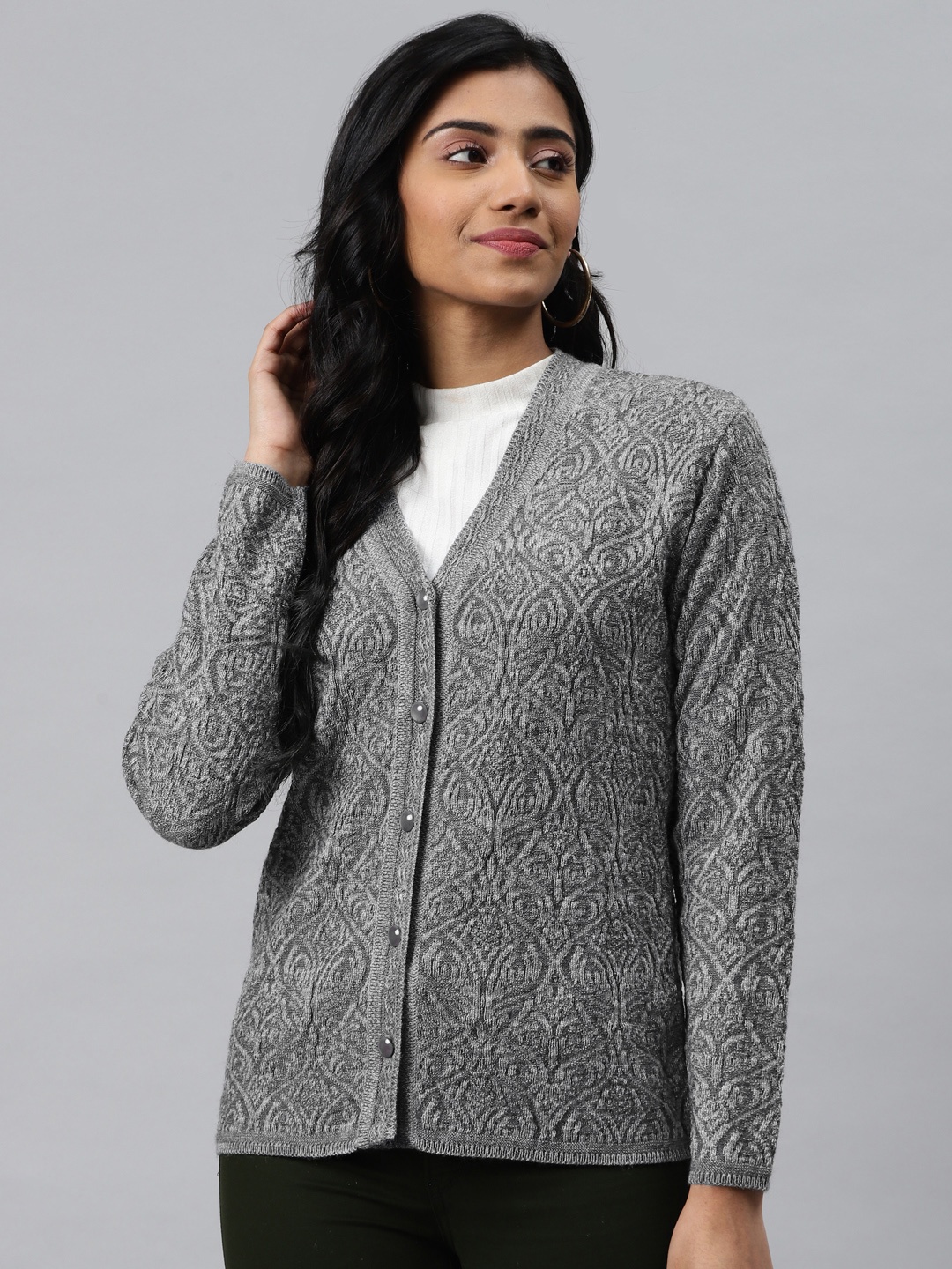 

Cayman Women Grey Self Design Woollen Cardigan