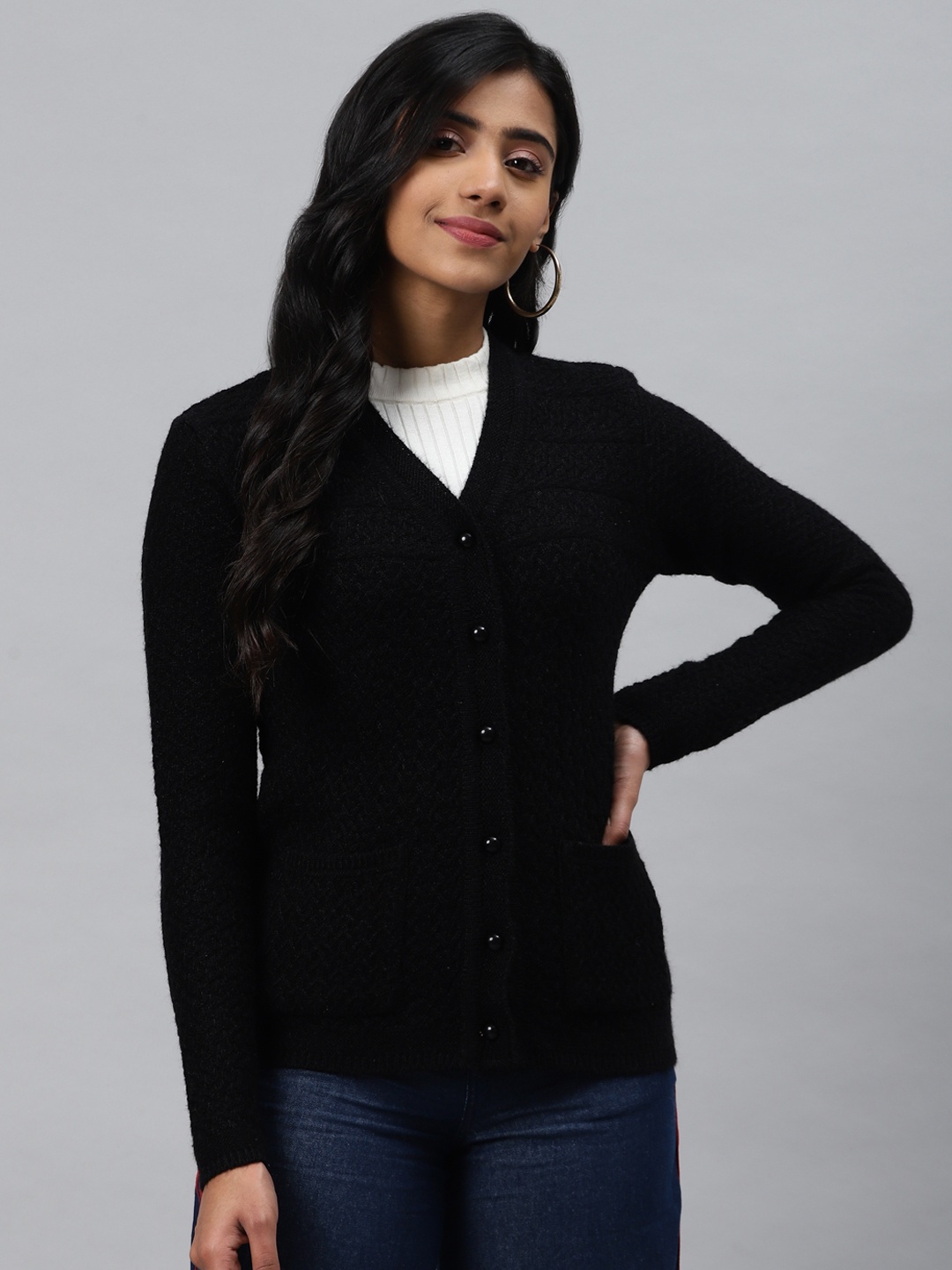 

Cayman Women Black Woollen Self Design Cardigan