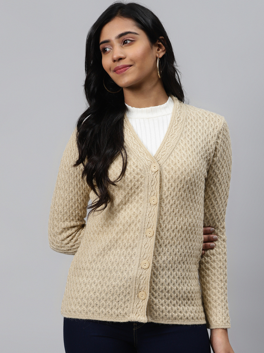 

Cayman Women Beige Self Design Cardigan Sweater