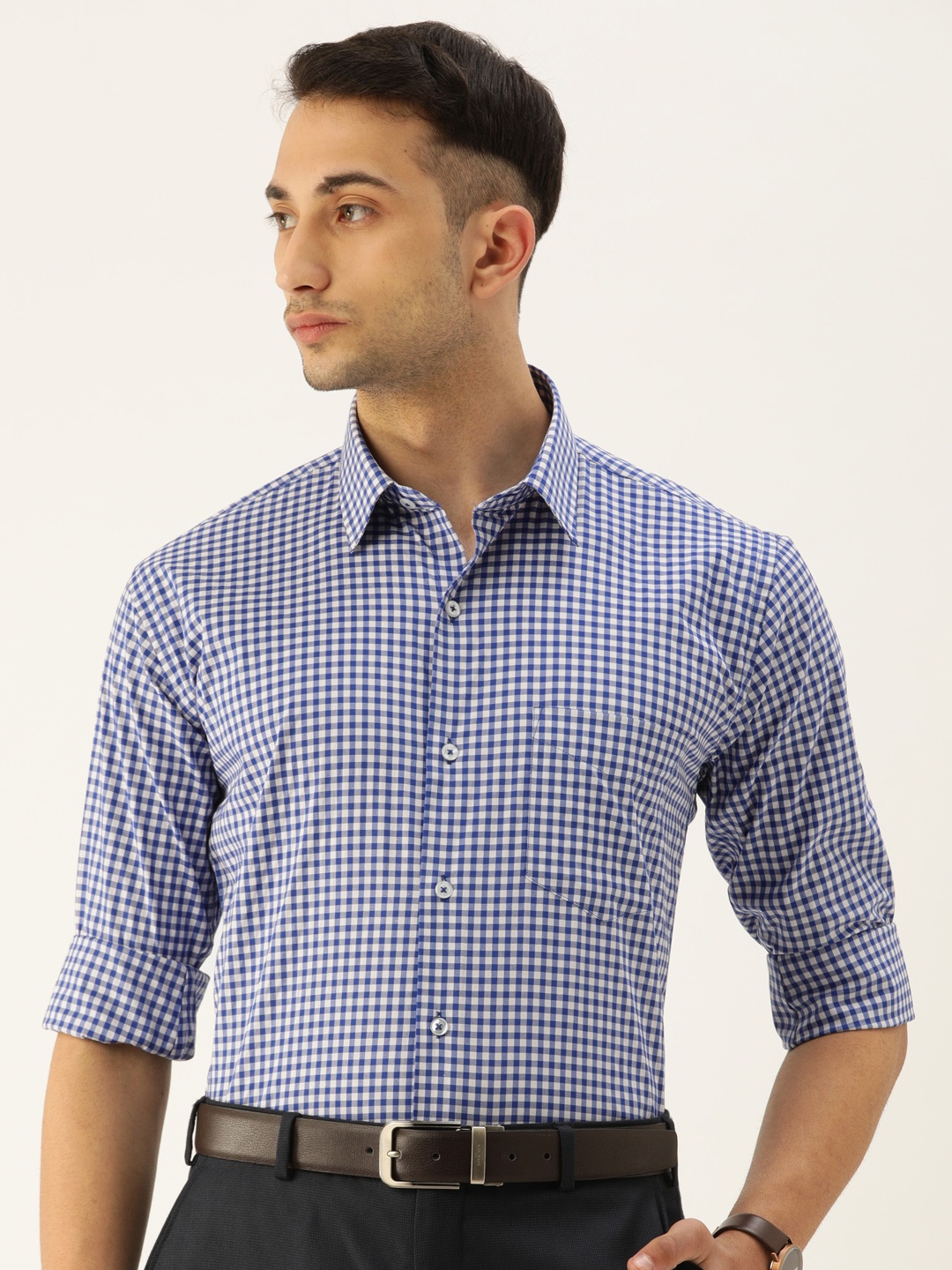 

Hancock Men White & Blue Slim Fit Gingham Checked Formal Shirt