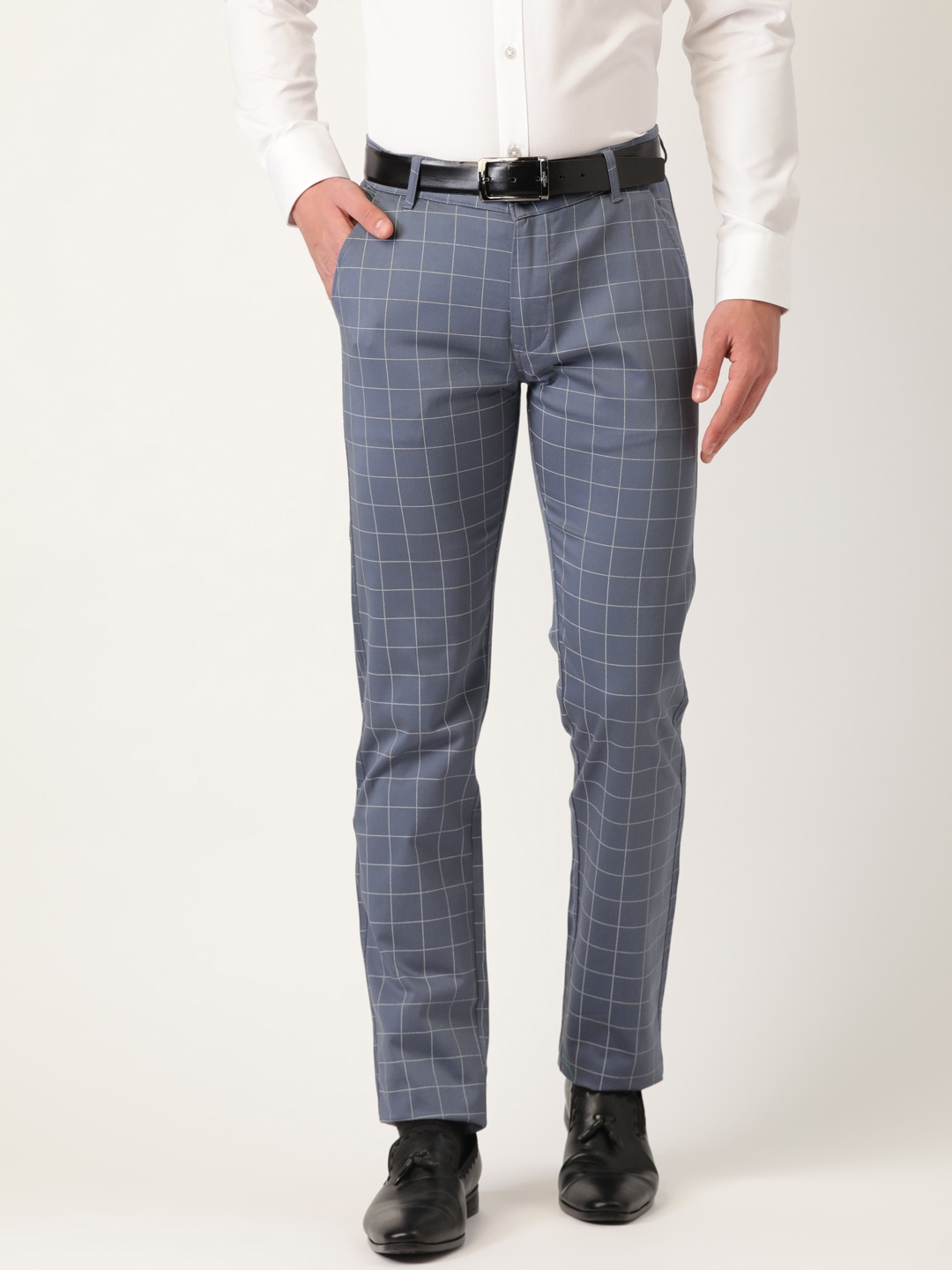 

Hancock Men Grey & White Original Slim Fit Checked Formal Trousers