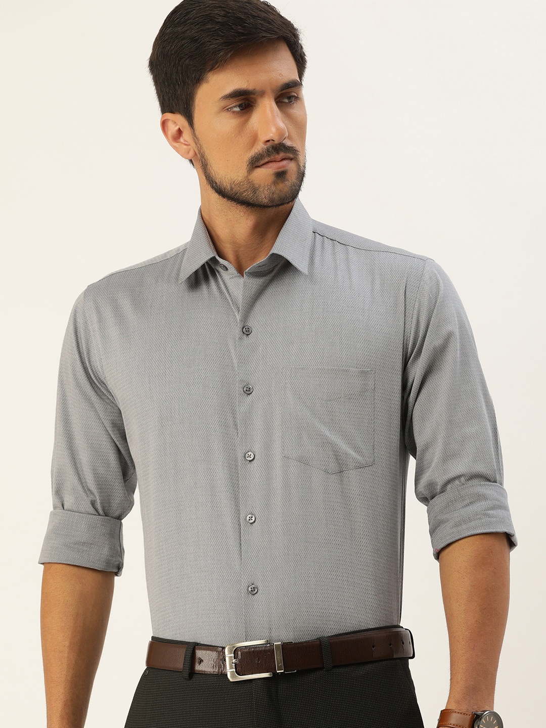 

Hancock Men Grey Slim Fit Self Design Formal Shirt