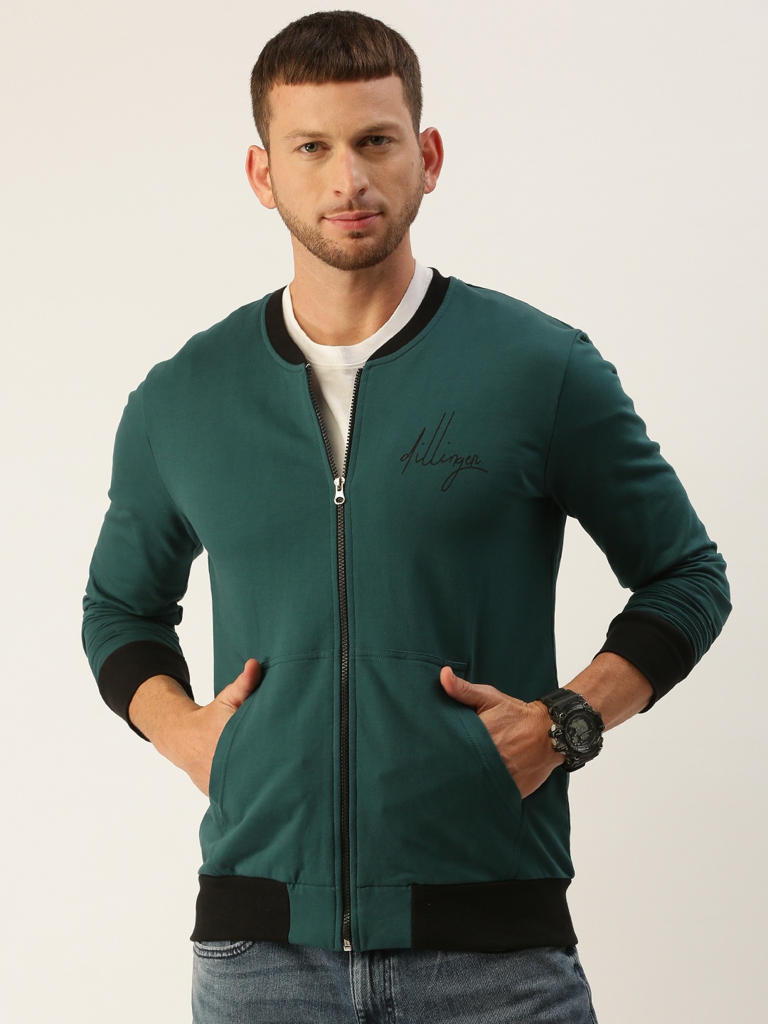 

DILLINGER Men Green Solid Cotton Bomber Jacket